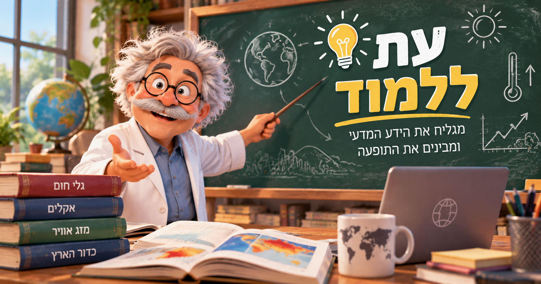 איור פרופסור חביב מלמד ליד לוח בכיתה