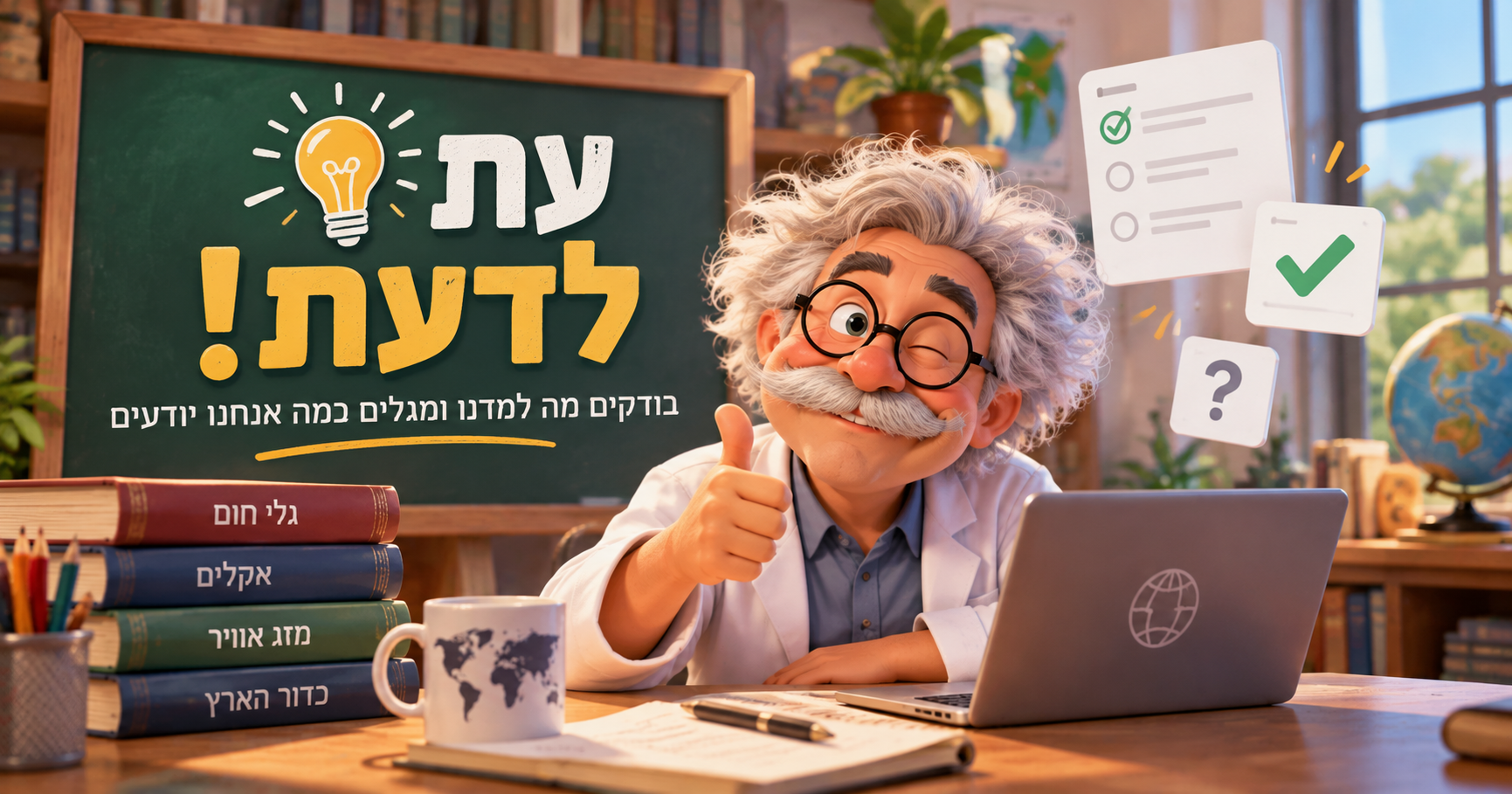 פרופסור חביב בספרייה עמוסת ספרים ומפות